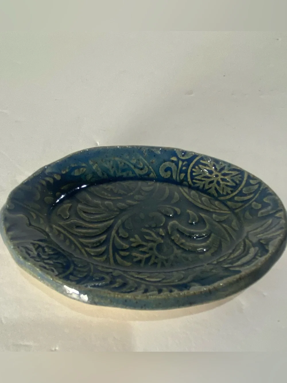 Handmade Pottery Trinket Dish Set of 2 Blue Floral Carved Ring Jewelry Small
